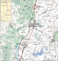 Carte et schéma de localisation. Carte topographique, IGN, 2000, dalle F087_047, échelle 1:25 000. Scan 25, licence n° 2008/CISE/2968. © Région Bourgogne-Franche-Comté, Inventaire du patrimoine