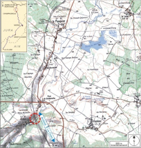 Carte et schéma de localisation. Carte topographique, IGN, 2000, dalle F087_047, échelle 1:25 000. Scan 25, licence n° 2008/CISE/2968. © Région Bourgogne-Franche-Comté, Inventaire du patrimoine
