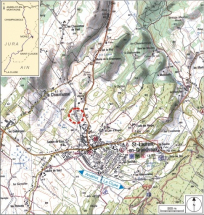 Carte et schéma de localisation. Carte topographique, IGN, 2000, dalle F087_049, échelle 1:25 000. Scan 25, licence n° 2008/CISE/2968. © Région Bourgogne-Franche-Comté, Inventaire du patrimoine