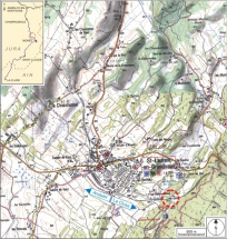 Carte et schéma de localisation. Carte topographique, IGN, 2000, dalle F087_049, échelle 1:25 000. Scan 25, licence n° 2008/CISE/2968. © Région Bourgogne-Franche-Comté, Inventaire du patrimoine