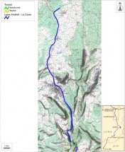 Carte et schéma de localisation des tunnels : d'Andelot-en-Montagne à Chaux-des-Crotenay. Carte topographique, IGN, 2000, dalles F087-046, F087-047 et F087-048, échelle 1:110 000. Scan 25, licence n° 2008/CISE/2968. © Région Bourgogne-Franche-Comté, Inventaire du patrimoine
