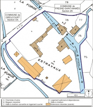 Plan-masse et de situation. Montage d'extraits de plans cadastraux numérisés, Greucourt, 2008, section A, 1:1250 et Fresne-Saint-Mamès, 2008, section ZK, 1:2000, le tout agrandi à 1:1250. Source : Direction générale des Finances Publiques - Cadastre… © Région Bourgogne-Franche-Comté, Inventaire du patrimoine