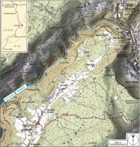 Carte et schéma de localisation. Carte topographique, IGN, 2000, dalles F087_050 et F088_050, échelle 1:25 000. Scan 25, licence n° 2008/CISE/2968. © Région Bourgogne-Franche-Comté, Inventaire du patrimoine