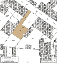 Plan masse et de situation. Extrait du plan cadastral, 1974, section AP. © Région Bourgogne-Franche-Comté, Inventaire du patrimoine