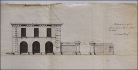 Minutte de la façade sur la route et mur de clôture des halles, 1813. © Région Bourgogne-Franche-Comté, Inventaire du patrimoine