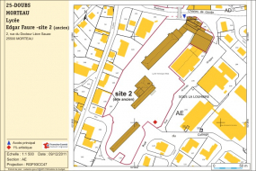 Plan de localisation. Extrait du plan cadastral numérisé, 2012, section AE, échelle 1:1000 réduite à 1:1500. Source : Direction générale des Finances Publiques - Cadastre ; mise à jour : 2011. © Région Bourgogne-Franche-Comté, Inventaire du patrimoine