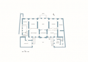 Plan du rez-de-chaussée, avec la restitution partielle de la distribution. © Région Bourgogne-Franche-Comté, Inventaire du Patrimoine