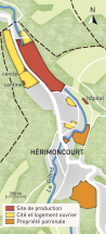 Carte du patrimoine industriel Peugeot (commune d'Hérimoncourt). Fonds cartographique IGN, 2014. © Région Bourgogne-Franche-Comté, Inventaire du patrimoine