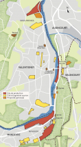 Carte du patrimoine industriel Peugeot (communes de Valentigney, Seloncourt et Mandeure). Fonds cartographique IGN, 2014. © Région Bourgogne-Franche-Comté, Inventaire du patrimoine
