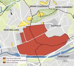Carte du patrimoine industriel Peugeot (communes de Montbéliard, Sochaux et Exincourt). Fonds cartographique IGN, 2014. © Région Bourgogne-Franche-Comté, Inventaire du patrimoine