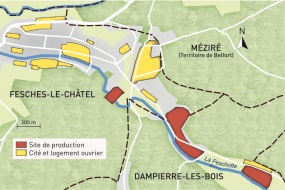 Carte du patrimoine industriel Japy (communes de Fesches-le-Châtel et Dampierre-les-Bois). Fonds cartographique IGN, 2014. © Région Bourgogne-Franche-Comté, Inventaire du patrimoine