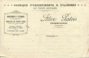 Papier à en-tête de la fabrique d'assortiments à cylindres Alire Patois, 28 janvier 1921. © Région Bourgogne-Franche-Comté, Inventaire du patrimoine