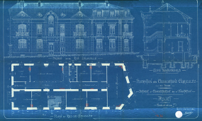 Fédération des Associations agricoles du Doubs. Bâtiment d'administration et d'habitation. Projet. Plan du rez-de-chaussée, Coupe transversale [et] Façade sur rue Delavelle, 22 août 1913. © Bibliothèque municipale, Besançon