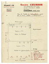 Plan de l'atelier de galvanoplastie ouvert par la société Coeurdor à Charquemont, 3 mai 1950. Dessiné sur un papier à en-tête. © Région Bourgogne-Franche-Comté, Inventaire du patrimoine