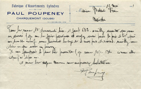 Carte à en-tête de la Fabrique d'Assortiments Cylindres Paul Poupeney à Charquemont, 12 mai 1931. © Région Bourgogne-Franche-Comté, Inventaire du patrimoine