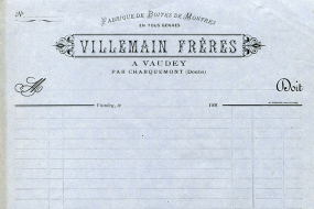 Papier à en-tête de la fabrique de boîtes de montres Villemain Frères, à Charquemont, décennie 1880. © Région Bourgogne-Franche-Comté, Inventaire du patrimoine