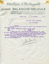 Papier à en-tête de la fabrique d'horlogerie André Balanche-Deleule, 20 février 1926. © Région Bourgogne-Franche-Comté, Inventaire du patrimoine