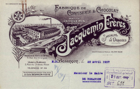 Fabrique de confiserie et chocolat Jacquemin Frères, papier à en-tête, 1937. © Région Bourgogne-Franche-Comté, Inventaire du patrimoine