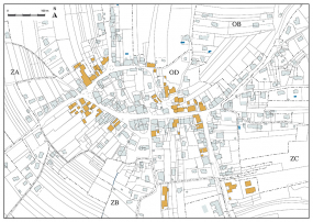 Carte de localisation des sites étudiés. Extrait du plan cadastral, 2020, sections B et D, 1/1 250 réduit à 1/10 000. © Région Bourgogne-Franche-Comté, Inventaire du patrimoine