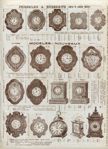 Exemples de pendule-borne. Page extraite d'un catalogue de la maison Gédéon Jobez, à Morez, [vers 1900], p. 2. © Région Bourgogne-Franche-Comté, Inventaire du patrimoine
