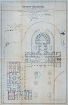 Plan de l'établissement thermal localisant les deux "buvettes" dans la cour en 1864. © Région Bourgogne-Franche-Comté, Inventaire du patrimoine