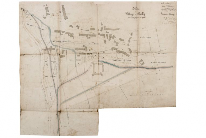 "Plan du village de Chailly avec trois projets de rigoles". 1830 (Archives départementales de la Côte-d'Or, Dijon) © Région Bourgogne-Franche-Comté, Inventaire du patrimoine