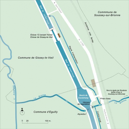 Plan schématique du réseau hydraulique aux biefs 12 et 13 du versant Yonne. © Région Bourgogne-Franche-Comté, Inventaire du patrimoine