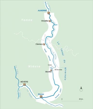 Carte générale schématique du canal du Nivernais. © Région Bourgogne-Franche-Comté, Inventaire du patrimoine