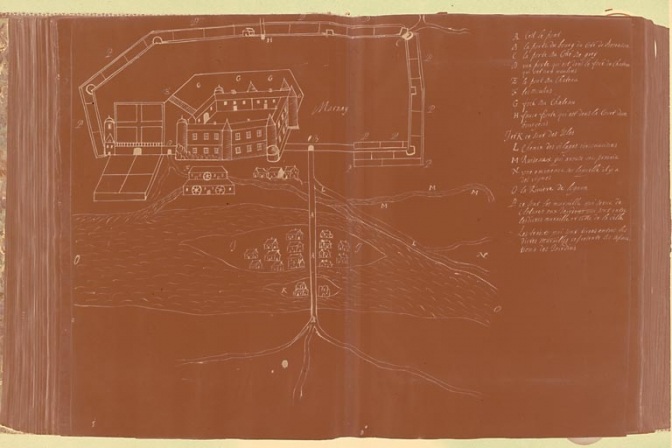 Plan à la plume du château et des fortifications © Région Bourgogne-Franche-Comté, Inventaire du patrimoine