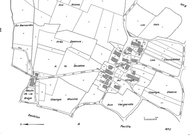 Plan cadastral 1937, section B, 1ère feuille, position des fermes repérées. © Région Bourgogne-Franche-Comté, Inventaire du patrimoine