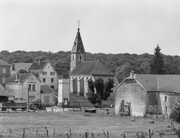 Vue éloignée de l'église, chevet et façade latérale droite. © Région Bourgogne-Franche-Comté, Inventaire du patrimoine