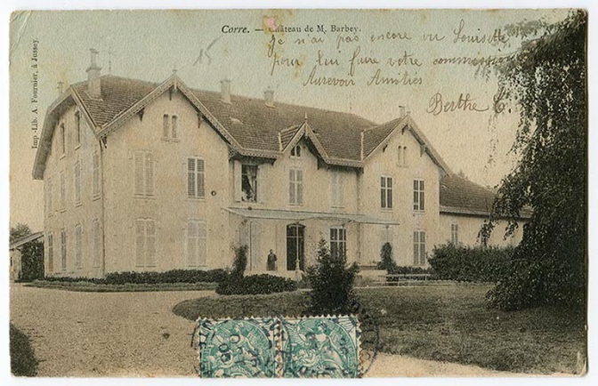 Vue de trois-quart sud-est de la façade donnant sur le parc. Carte postale postée en 1910. © Région Bourgogne-Franche-Comté, Inventaire du patrimoine