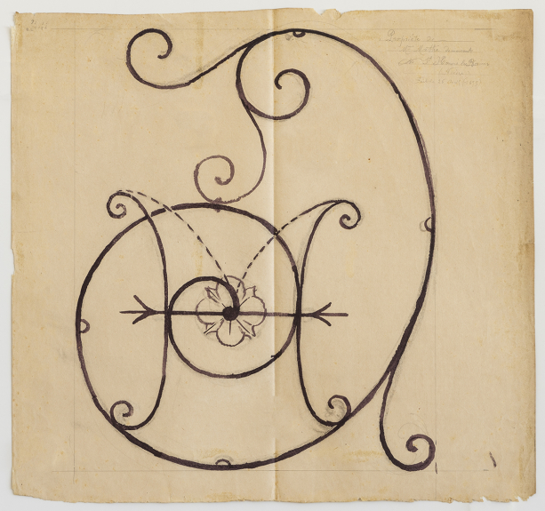 Projet de décor en fer forgé (entrelacs avec chiffre d'Henriette Mathé) pour le dessus-de-porte de l'entrée de la villa Les Myosotis, Saint-Honoré-les-Bains (58) © phot. P.-M. Barbe-Richaud, Région Bourgogne-Franche-Comté, Inventaire du patrimoine, 2020