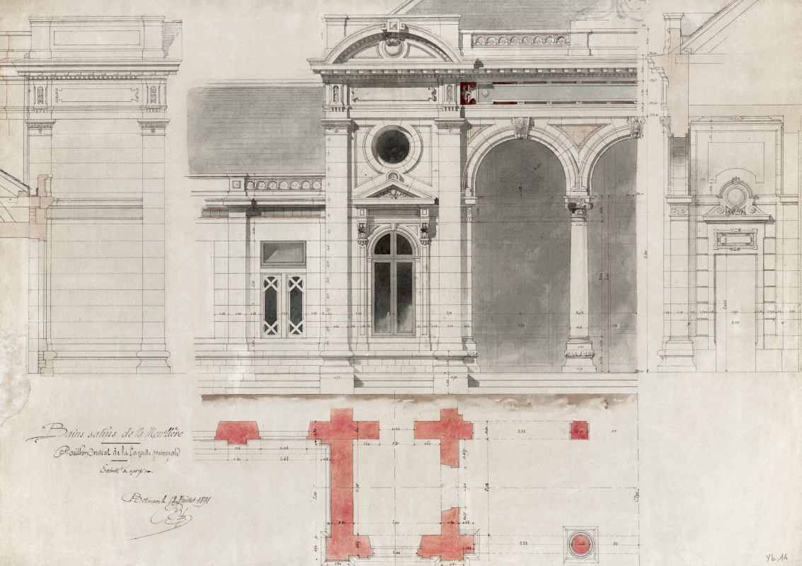 Bains salins de la Mouillère. Pavillon central de la façade principale, par Marcel Boutterin, 18 juillet 1891 (bibliothèque municipale de Besançon). © Bibliothèque municipale de Besançon
