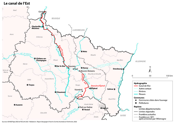 Plan de localisation du canal de l'Est © Aline Thomas / Région Bourgogne-Franche-Comté, Inventaire du patrimoine - 2022