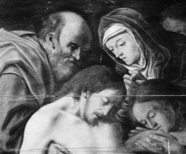 Panneau central : détail des têtes du Christ, de Madeleine, de la Vierge et de Joseph d'Arimathie. © Jean-Luc Duthu / Région Bourgogne-Franche-Comté, Inventaire du patrimoine - 1980