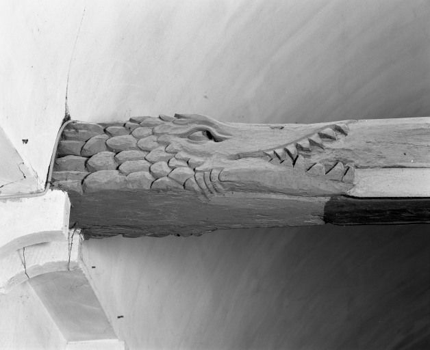 Charpente de la nef, détail du 2e entrait, avers © Michel Thierry / Région Bourgogne-Franche-Comté, Inventaire du patrimoine - 1986