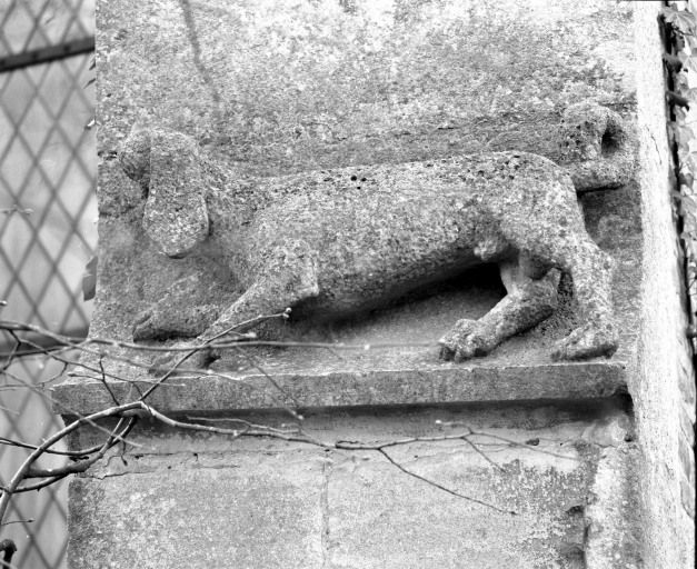 Chien sculpté sur le larmier du contrefort droit du choeur. © Jean-Luc Duthu / Région Bourgogne-Franche-Comté, Inventaire du patrimoine - 1987
