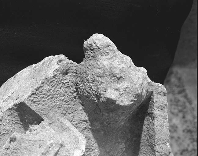 Pinacle du clocher n°2, déposé dans la nef, détail. © Jean-Luc Duthu / Région Bourgogne-Franche-Comté, Inventaire du patrimoine - 1995