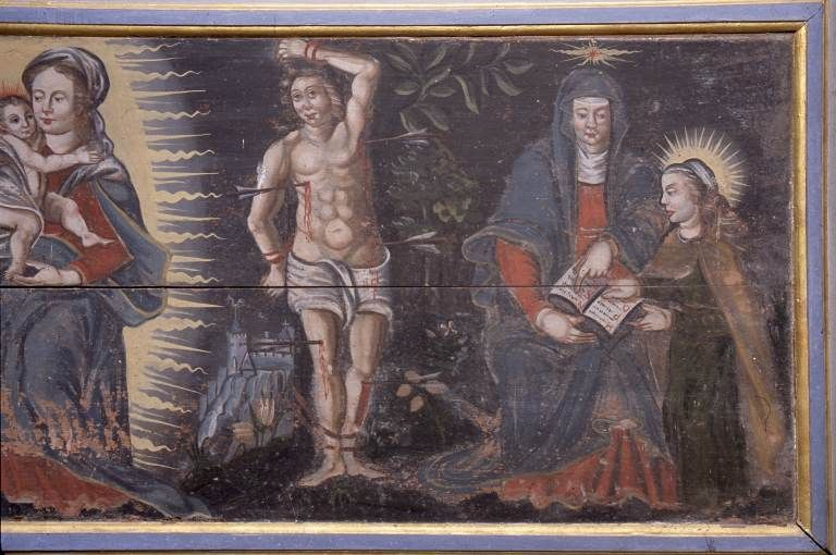 Détail : saint Sébastien et éducation de la Vierge. © Michel Rosso / Région Bourgogne-Franche-Comté, Inventaire du patrimoine - 2003