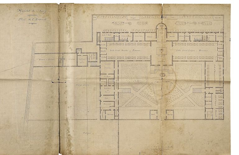 Plan masse de l'Hôtel-Dieu et des jardins, première moitié XXe siècle. © Michel Thierry / Région Bourgogne-Franche-Comté, Inventaire du patrimoine - 2005