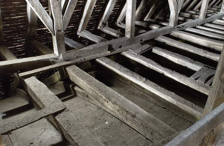 Charpente de l'ancienne salle des malades : détail des pannes. © Michel Thierry / Région Bourgogne-Franche-Comté, Inventaire du patrimoine - 2005