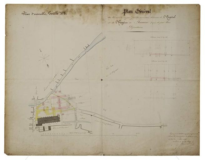 Hôtel-Dieu : vue d'ensemble de l'aménagement du site (Hôtel-Dieu et pavillon Dormois) projet, 1847. © Michel Thierry / Région Bourgogne-Franche-Comté, Inventaire du patrimoine - 2005