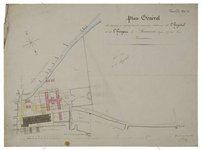 Hôtel-Dieu : vue d'ensemble de l'aménagement du site (Hôtel-Dieu et pavillon Dormois) projet, 1847. © Michel Thierry / Région Bourgogne-Franche-Comté, Inventaire du patrimoine - 2005