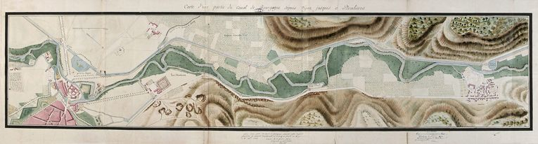"Plan d'une partie du canal de Bourgogne depuis Dijon jusques à Plombières". (Plan aquarellé, 1840, Archives départementales de la Côte-d'Or, Dijon) © Thierry  Kuntz (reproduction) / Région Bourgogne-Franche-Comté, Inventaire du patrimoine - 2007 "Plan d'une partie du canal de Bourgogne depuis Dijon jusques à Plombières". (Plan aquarellé, 1840, Archives départementales de la Côte-d'Or, Dijon) © Thierry  Kuntz (reproduction) / Région Bourgogne-Franche-Comté, Inventaire du patrimoine - 2007