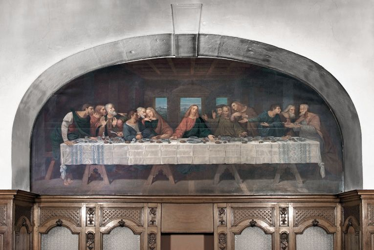 Chapelle, décor peint : La Cène, d'après Léonard de Vinci (mur droit du choeur). © Thierry Kuntz / Région Bourgogne-Franche-Comté, Inventaire du patrimoine - 2008