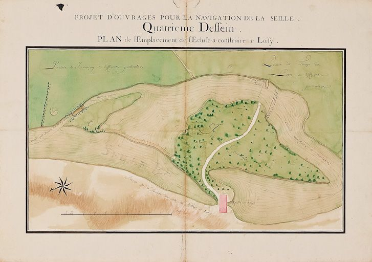 Projet d'ouvrage pour la navigation de la Seille. Quatrième dessin. Plan de l'emplacement de l'écluse à construire à Loisy. Il s'agit probablement d'un plan d'avant 1784. (Archives VNF-direction territoriale Centre-Bourgogne ; subdivision de Montcea… © Jean-Luc  Duthu (reproduction) / Région Bourgogne-Franche-Comté, Inventaire du patrimoine - 2010