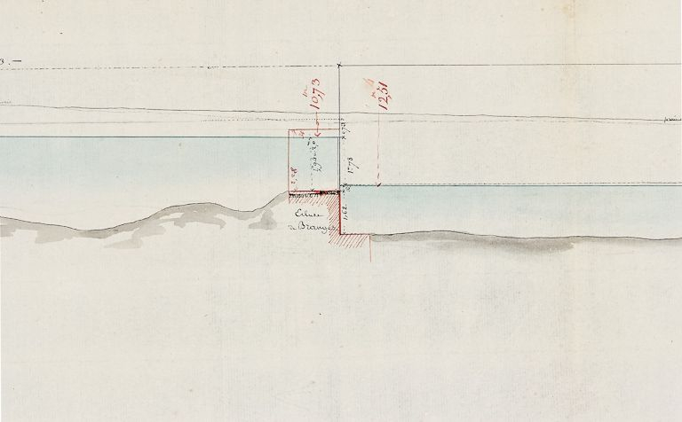 La Seille, profil en long. Daté de 1815. Détail de l'écluse de Branges. (Archives VNF-direction territoriale Centre-Bourgogne ; subdivision de Montceau-les-Mines) © Jean-Luc  Duthu (reproduction) / Région Bourgogne-Franche-Comté, Inventaire du patrimoine - 2010