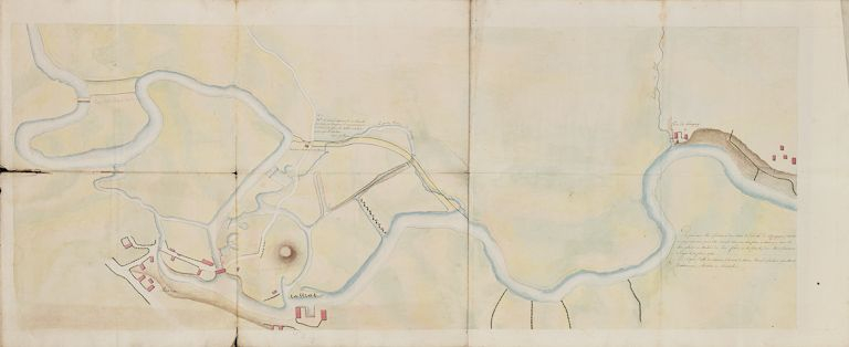 Plans d'origine de la canalisation de la Seille. Ratifiés par les Etats Généraux de Bourgogne. Partie concernant Branges. Le château de Branges (disparu) est visible sous la forme d'une motte. (Archives VNF-direction territoriale Centre-Bourgogne ; … © Jean-Luc  Duthu (reproduction) / Région Bourgogne-Franche-Comté, Inventaire du patrimoine - 2010