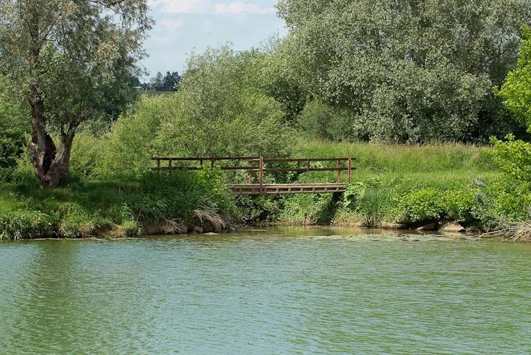 Vue de la digue et d'une passerelle de fortune sur un méandre coupé de la Seille. © Jean-Luc Duthu / Région Bourgogne-Franche-Comté, Inventaire du patrimoine - 2010
